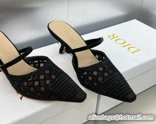 Inexpensive Dior Capture Heel Mules 6.5cm in Black Cannage Embroidered Mesh with Crystals 620026