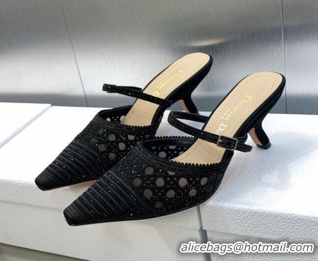 Inexpensive Dior Capture Heel Mules 6.5cm in Black Cannage Embroidered Mesh with Crystals 620026