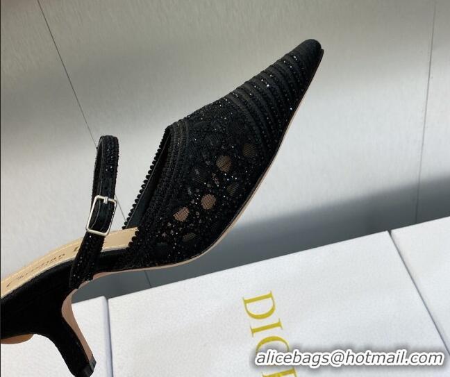 Inexpensive Dior Capture Heel Mules 6.5cm in Black Cannage Embroidered Mesh with Crystals 620026