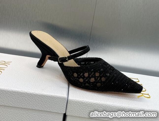 Inexpensive Dior Capture Heel Mules 6.5cm in Black Cannage Embroidered Mesh with Crystals 620026