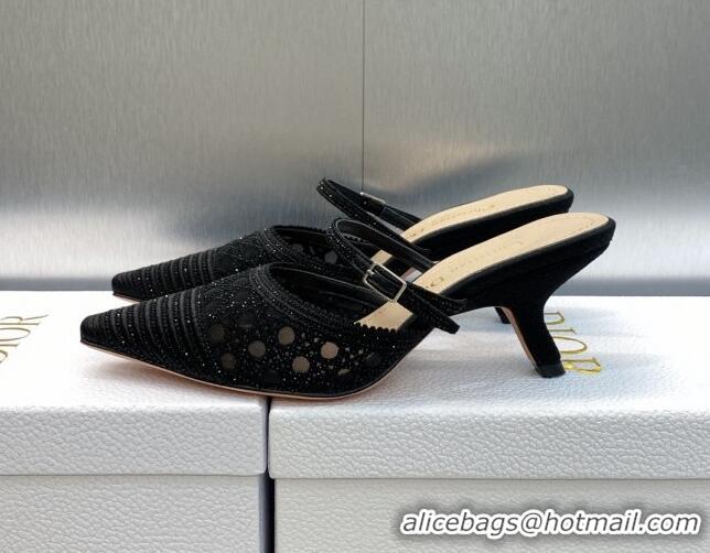 Inexpensive Dior Capture Heel Mules 6.5cm in Black Cannage Embroidered Mesh with Crystals 620026