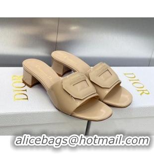 Stylish Dior Day Heel Slide Sandals 3.5cm in Patent Leather Nude 620031