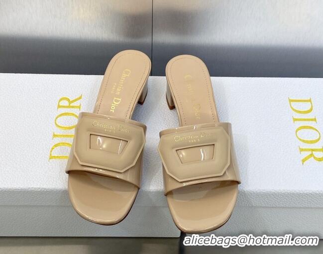 Stylish Dior Day Heel Slide Sandals 3.5cm in Patent Leather Nude 620031