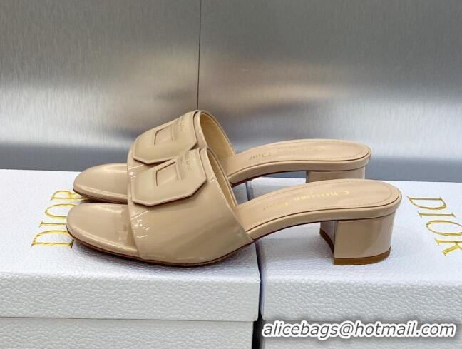 Stylish Dior Day Heel Slide Sandals 3.5cm in Patent Leather Nude 620031