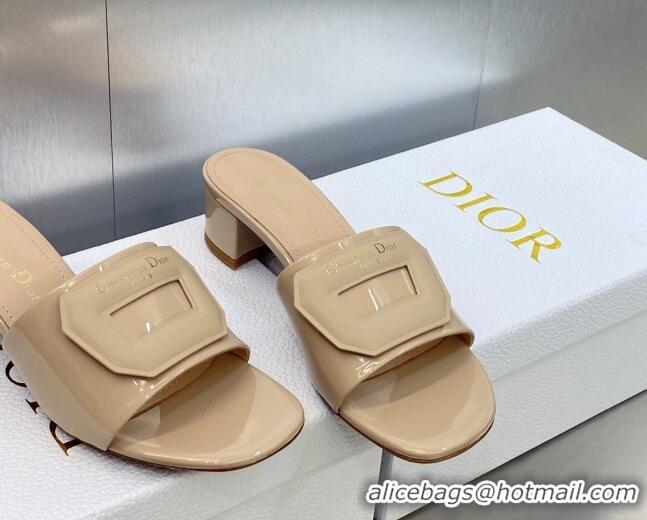 Stylish Dior Day Heel Slide Sandals 3.5cm in Patent Leather Nude 620031