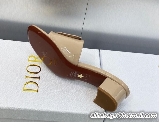 Stylish Dior Day Heel Slide Sandals 3.5cm in Patent Leather Nude 620031