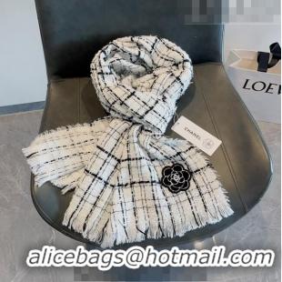 Popular Style Chanel Cashmere Check Long Scarf with Camellia 70x190cm CH090502 White 2023