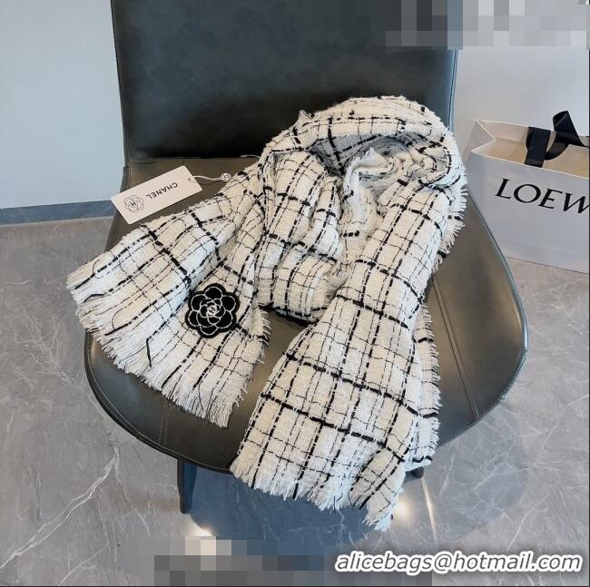 Popular Style Chanel Cashmere Check Long Scarf with Camellia 70x190cm CH090502 White 2023