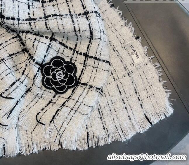 Popular Style Chanel Cashmere Check Long Scarf with Camellia 70x190cm CH090502 White 2023