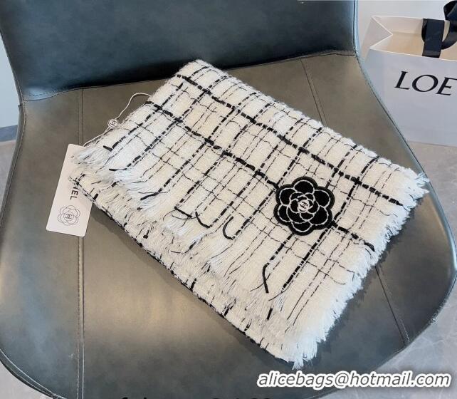 Popular Style Chanel Cashmere Check Long Scarf with Camellia 70x190cm CH090502 White 2023