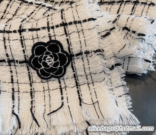 Popular Style Chanel Cashmere Check Long Scarf with Camellia 70x190cm CH090502 White 2023