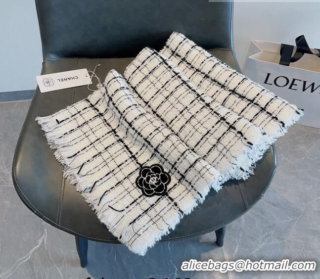 Popular Style Chanel Cashmere Check Long Scarf with Camellia 70x190cm CH090502 White 2023