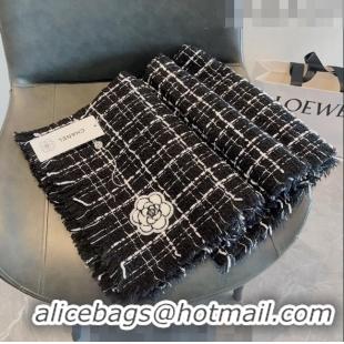 Low Price Chanel Cashmere Check Long Scarf with Camellia 70x190cm CH090502 Black 2023