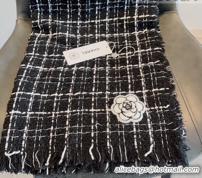 Low Price Chanel Cashmere Check Long Scarf with Camellia 70x190cm CH090502 Black 2023