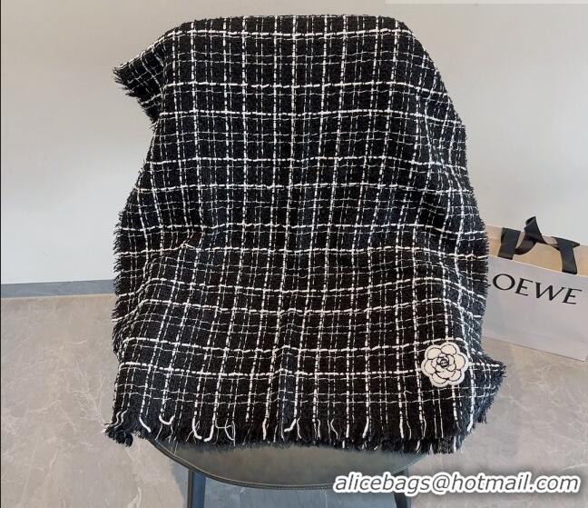 Low Price Chanel Cashmere Check Long Scarf with Camellia 70x190cm CH090502 Black 2023