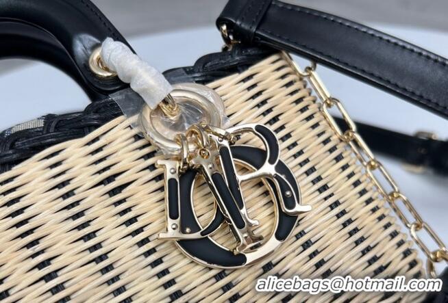 Unique Grade SMALL LADY D-JOY BAG Natural Wicker and Blue Dior Oblique Jacquard M0613O