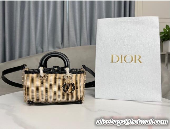 Unique Grade SMALL LADY D-JOY BAG Natural Wicker and Blue Dior Oblique Jacquard M0613O