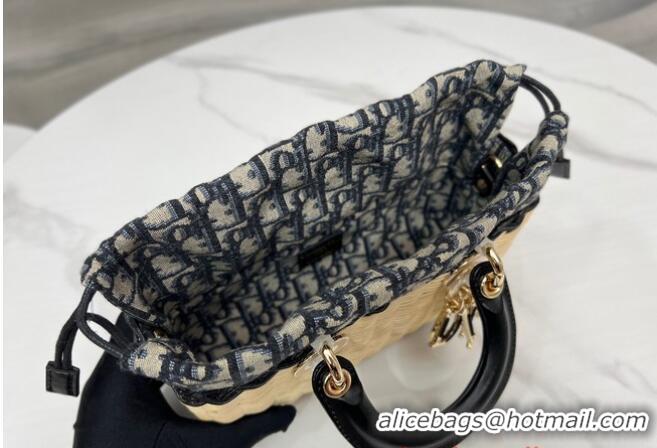 Unique Grade SMALL LADY D-JOY BAG Natural Wicker and Blue Dior Oblique Jacquard M0613O