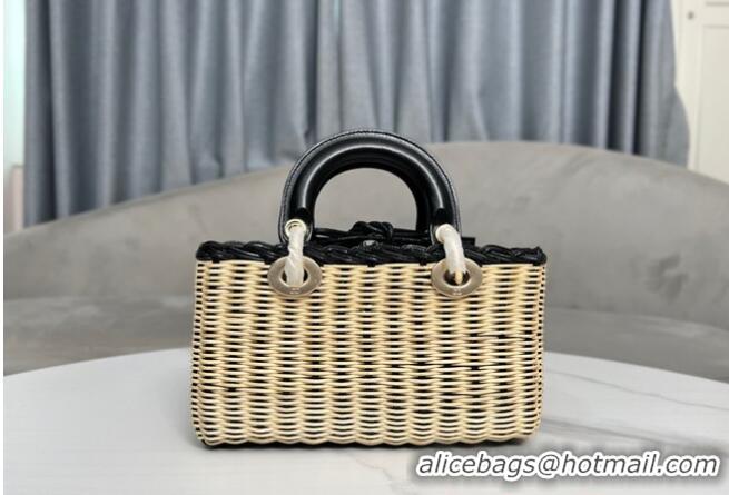 Unique Grade SMALL LADY D-JOY BAG Natural Wicker and Blue Dior Oblique Jacquard M0613O