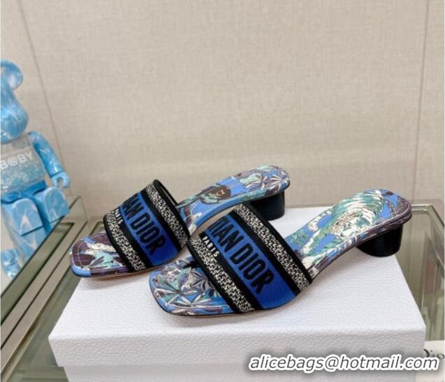 Good Product Dior Dway Heel Slide Sandals 3.5cm in Blue Multicolor Embroidered Cotton with Toile de Jouy Voyage Motif 62