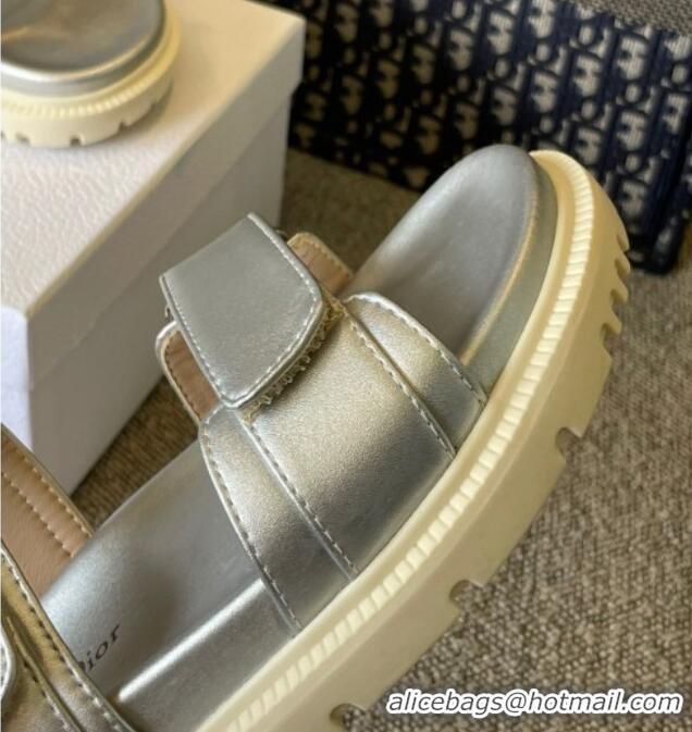 Perfect Dior DiorAct Calfskin Flat Strap Sandals Silver 362025