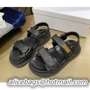 Best Grade Dior DiorAct Raffia Flat Strap Sandals Black 362012