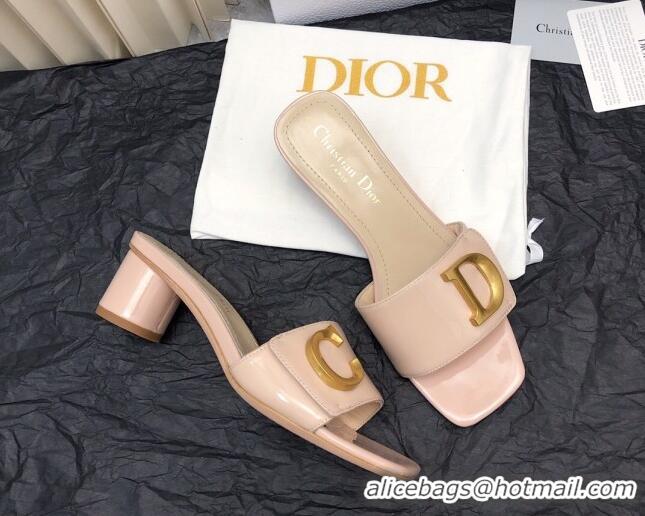 Sumptuous Dior C'est Dior Heeled Slide Sandals 4.5cm in Patent Leather with CD Letters Nude 703103