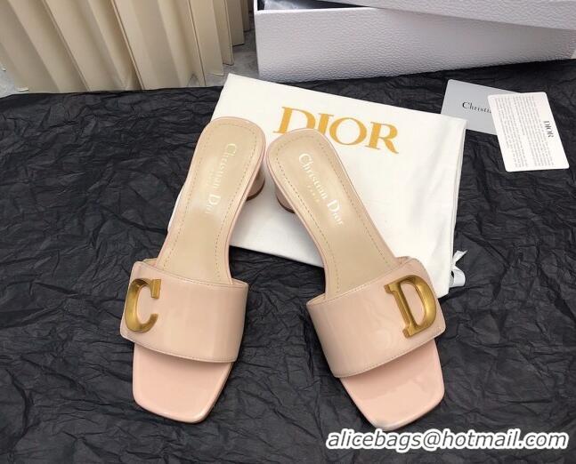 Sumptuous Dior C'est Dior Heeled Slide Sandals 4.5cm in Patent Leather with CD Letters Nude 703103