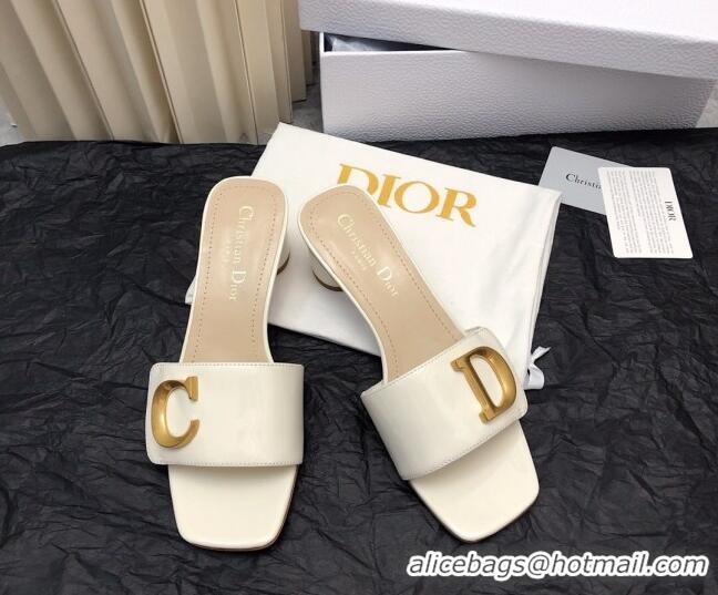 Hot Style Dior C'est Dior Heeled Slide Sandals 4.5cm in Patent Leather with CD Letters White 703104