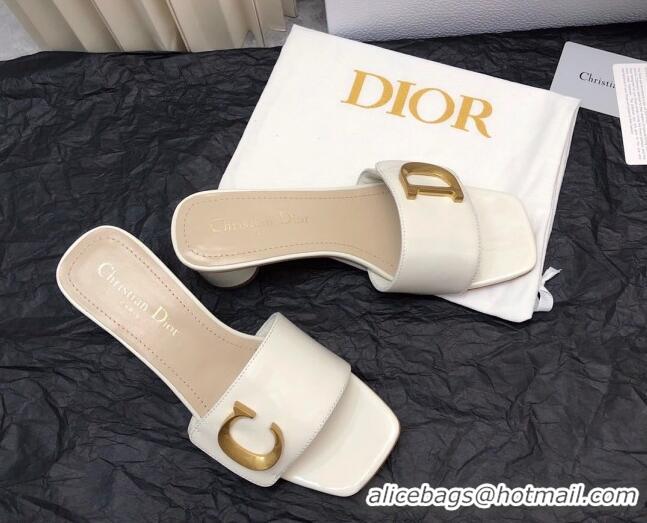 Hot Style Dior C'est Dior Heeled Slide Sandals 4.5cm in Patent Leather with CD Letters White 703104