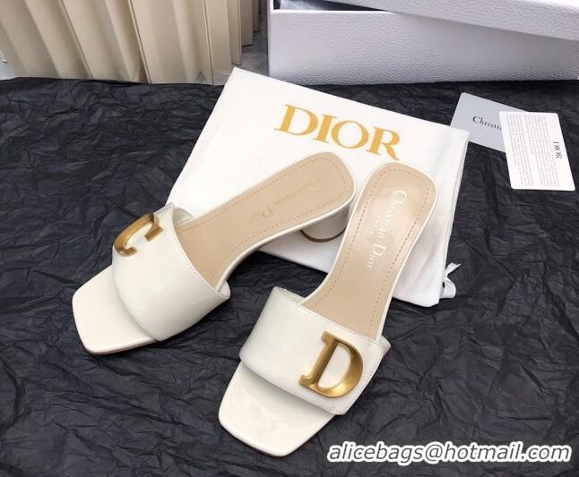 Hot Style Dior C'est Dior Heeled Slide Sandals 4.5cm in Patent Leather with CD Letters White 703104