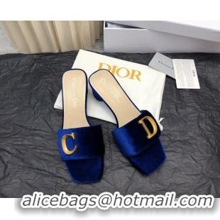 Duplicate Dior C'est Dior Heeled Slide Sandals 4.5cm in Velvet with CD Letters Royal Blue 703106