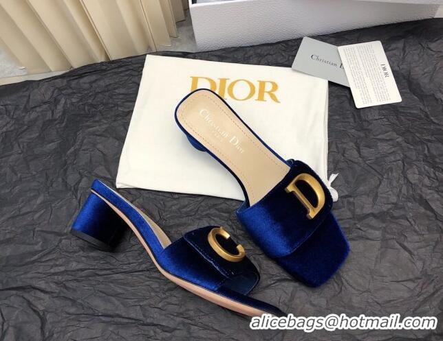 Duplicate Dior C'est Dior Heeled Slide Sandals 4.5cm in Velvet with CD Letters Royal Blue 703106