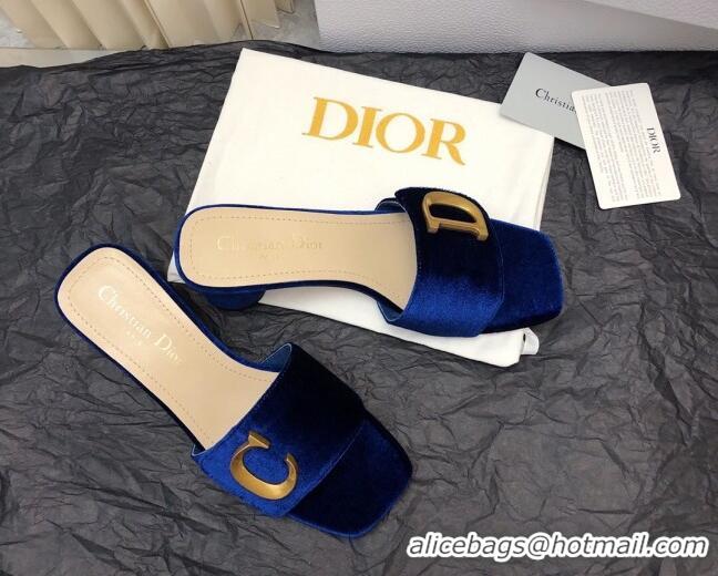 Duplicate Dior C'est Dior Heeled Slide Sandals 4.5cm in Velvet with CD Letters Royal Blue 703106