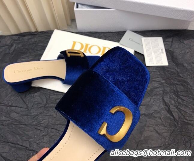 Duplicate Dior C'est Dior Heeled Slide Sandals 4.5cm in Velvet with CD Letters Royal Blue 703106