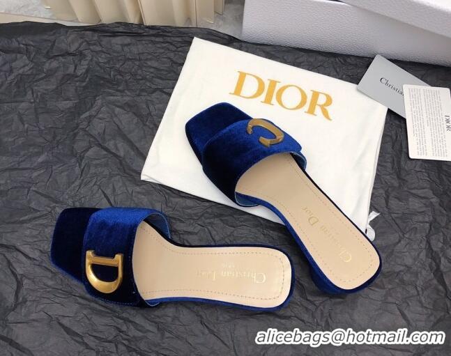 Duplicate Dior C'est Dior Heeled Slide Sandals 4.5cm in Velvet with CD Letters Royal Blue 703106