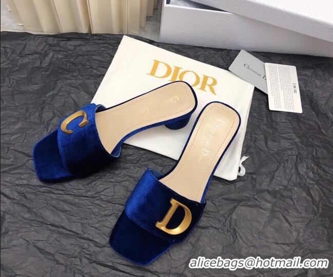 Duplicate Dior C'est Dior Heeled Slide Sandals 4.5cm in Velvet with CD Letters Royal Blue 703106