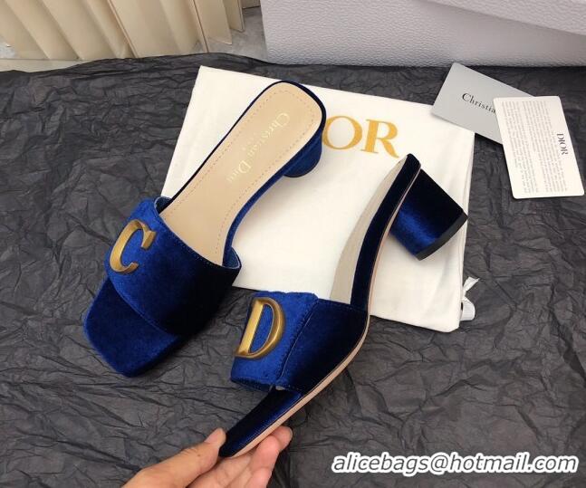 Duplicate Dior C'est Dior Heeled Slide Sandals 4.5cm in Velvet with CD Letters Royal Blue 703106