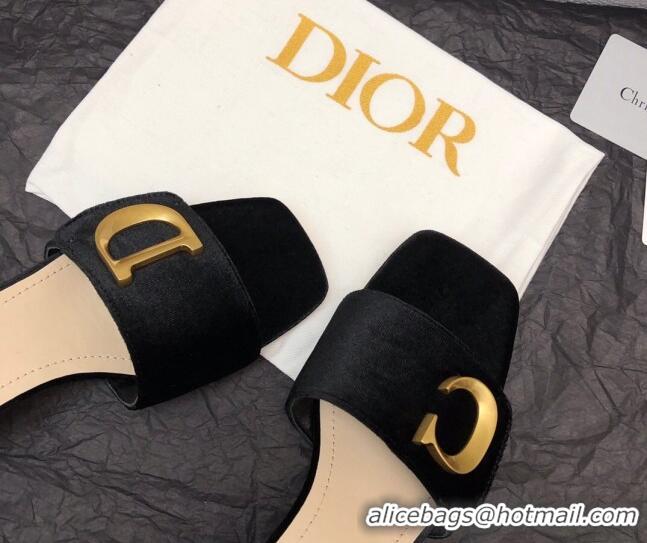 Pretty Style Dior C'est Dior Heeled Slide Sandals 4.5cm in Velvet with CD Letters Black 703107