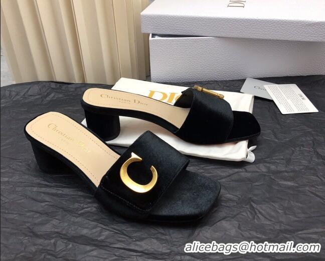 Pretty Style Dior C'est Dior Heeled Slide Sandals 4.5cm in Velvet with CD Letters Black 703107