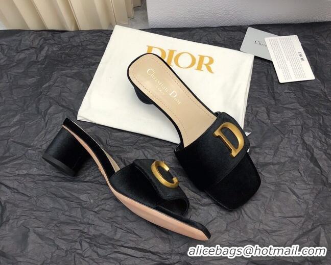 Pretty Style Dior C'est Dior Heeled Slide Sandals 4.5cm in Velvet with CD Letters Black 703107