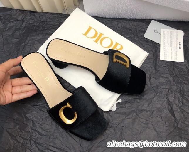 Pretty Style Dior C'est Dior Heeled Slide Sandals 4.5cm in Velvet with CD Letters Black 703107