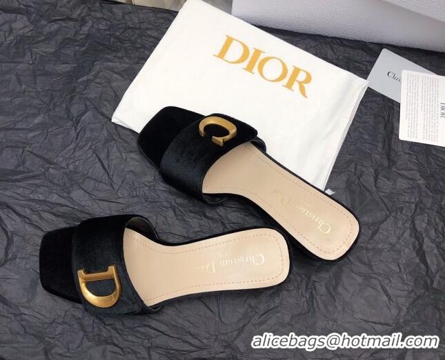 Pretty Style Dior C'est Dior Heeled Slide Sandals 4.5cm in Velvet with CD Letters Black 703107