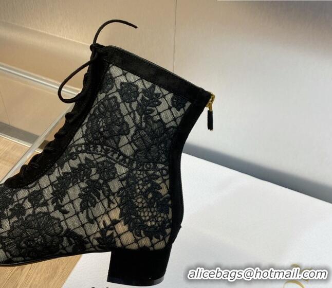 Stylish Dior Naughtily-D Lace-up Ankle Boots in Black Transparent Mesh and Suede Embroidered with Dior Roses Motif 07107