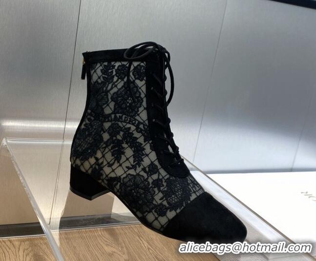 Stylish Dior Naughtily-D Lace-up Ankle Boots in Black Transparent Mesh and Suede Embroidered with Dior Roses Motif 07107