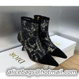 Grade Quality Dior Naughtily-D Ankle Boots 6.5cm in Black Transparent Mesh and Suede Embroidered with Dior Roses Motif 0