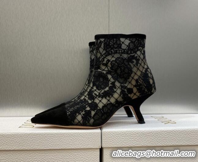 Grade Quality Dior Naughtily-D Ankle Boots 6.5cm in Black Transparent Mesh and Suede Embroidered with Dior Roses Motif 0