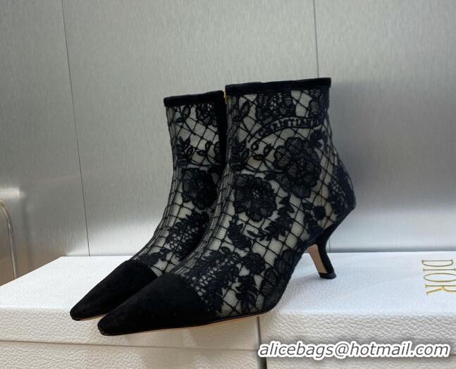 Grade Quality Dior Naughtily-D Ankle Boots 6.5cm in Black Transparent Mesh and Suede Embroidered with Dior Roses Motif 0