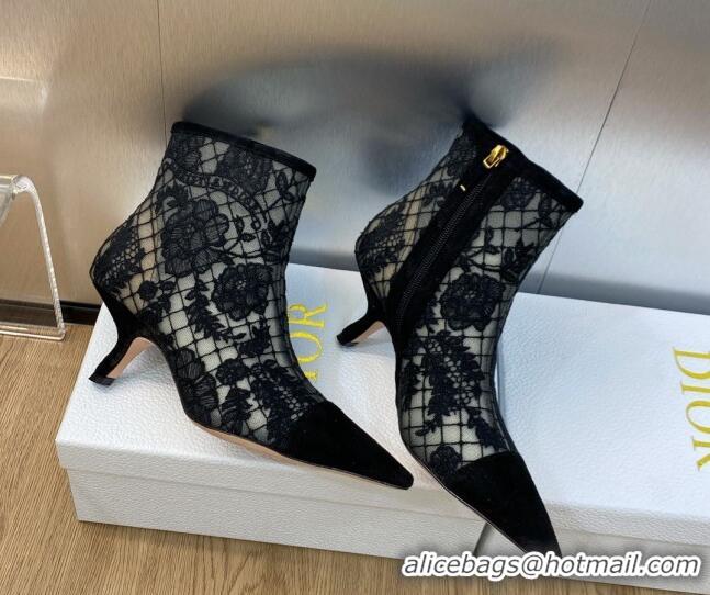 Grade Quality Dior Naughtily-D Ankle Boots 6.5cm in Black Transparent Mesh and Suede Embroidered with Dior Roses Motif 0