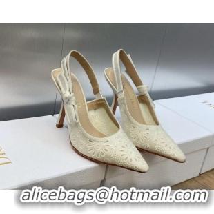 Good Quality Dior J'Adior Slingback Pumps 9.5cm in White Canvas Embroidered with Saint-Gall Motif 071075